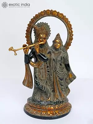 13" Brass Radha-Krishna Idol with Their Lotus-studded Aureole | Handmade | Made in India