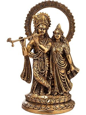 13" Brass Radha-Krishna Idol with Their Lotus-studded Aureole | Handmade | Made in India