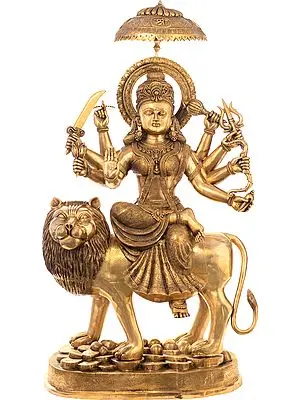 62" Simhavahini Durga, Atop Her Leonine Vahan On A Mountaintop In Brass | Handmade | Made In India