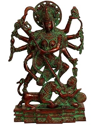 11" Handcrafted Brass Statue Maa Durga in her Dashabhujadharini form