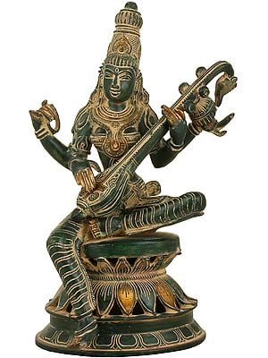 12" The Graceful Sarasvati Makes Music On Her Veena In Brass | Handmade | Made In India