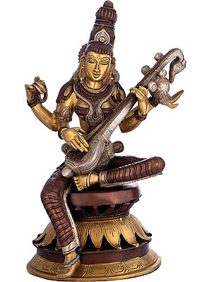 12" Graceful Sarasvati Brass Sculpture with Veena – Divine Musical Art, Handmade in India