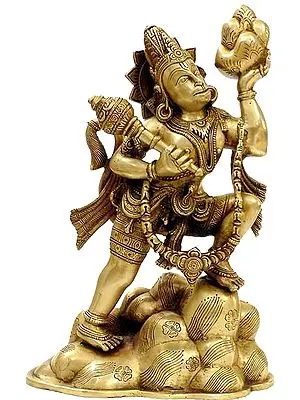12" Hanuman, Sanjeevani In His Hand In Brass | Handmade | Made In India