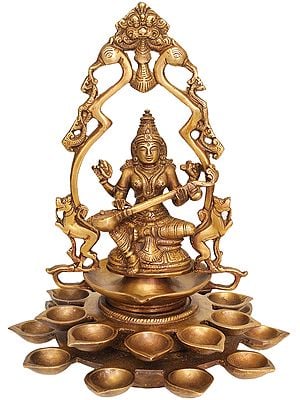 12" Goddess Saraswati with Multiple Diyas In Brass | Handmade | Made In India