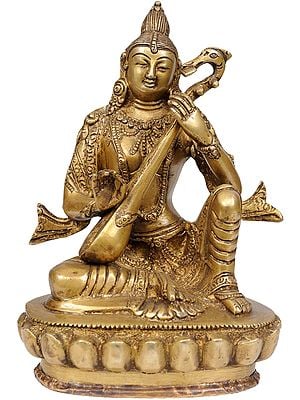 7" Goddess Saraswati in Nepalese Idiom In Brass | Handmade | Made In India