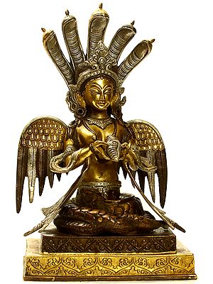 12" Naga-Kanya (Snake Maiden) Holding Up A Conch In Brass | Handmade | Made In India