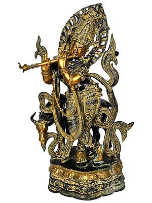 34" Tribhang Murari (Krishna) With His Companion, The Cow In Brass | Handmade | Made In India