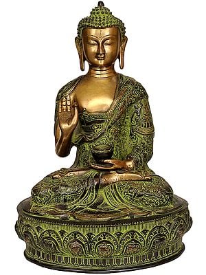 14" Tibetan Buddha In Terracotta Finish, Robes Embossed With Scenes From His Life In Brass | Handmade | Made In India