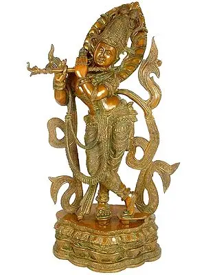 32" Venugopal (Flute-toting Gopal) With The Majestic Crown In Brass | Handmade | Made In India
