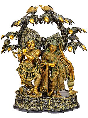 30" Radha Kishna Brass Statue - Stream of Emotions Flowing Under the Kadamba Tree
