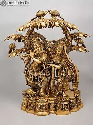 30" Radha Kishna Brass Statue - Stream of Emotions Flowing Under the Kadamba Tree