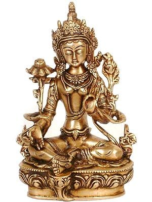 8" Green Tara In Her Traditional Garb In Brass | Handmade | Made In India