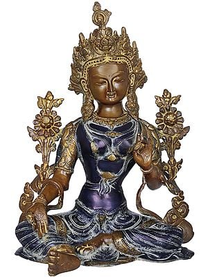 15" Tibetan Buddhist Deity Green Tara In Brass | Handmade | Made In India
