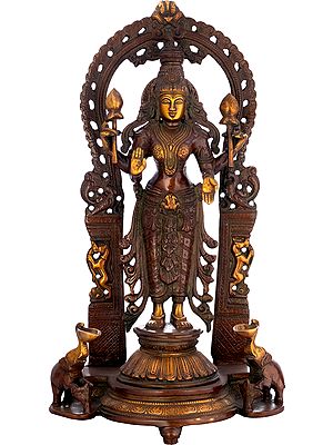 16" Goddess Lakshmi Flanked By Elephant Diyas In Brass | Handmade | Made In India