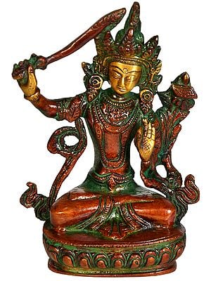 5" Tibetan Buddhist Deity Manjushri, Wielding The Characteristic Sword In Brass | Handmade | Made In India