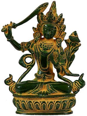 5" Tibetan Buddhist Deity Manjushri, Wielding The Characteristic Sword In Brass | Handmade | Made In India