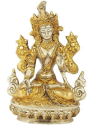 6" White Tara Brass Statue - Supreme Female Deity in Tibetan Buddhism | Handmade