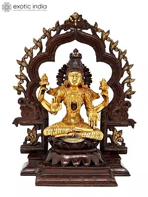 15" Lakshmi Against An Elaborate Aureole In Brass | Handmade | Made In India
