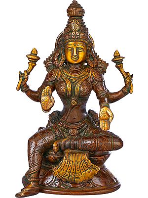 8" Four Armed Lakshmi Seated in Lalitasana In Brass | Handmade | Made In India