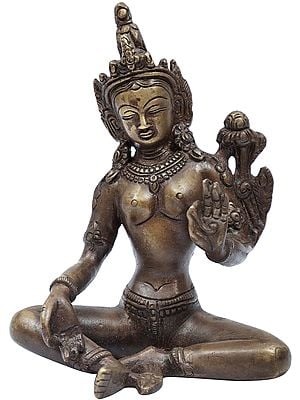 5" Seated Devi Green Tara Brass Sculpture | Handmade | Made in India