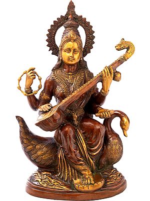 28" Seated Devi Sarasvati on Riverine Pedestal | Handmade Brass Sculpture