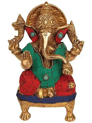 Ganesha Seated On A Chowki, Fresh Lotus Petals Lining His Halo