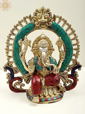 9" Richly Inlaid Ganesha Shrine Brass Sculpture | Handmade | Made in India
