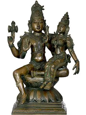15" Shiva With His Wife, Parvati, By His Side In Brass | Handmade | Made In India