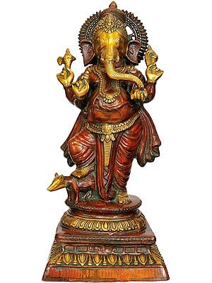 25" Standing Ganesha, With A Foot Atop The Mouse In Brass | Handmade | Made In India