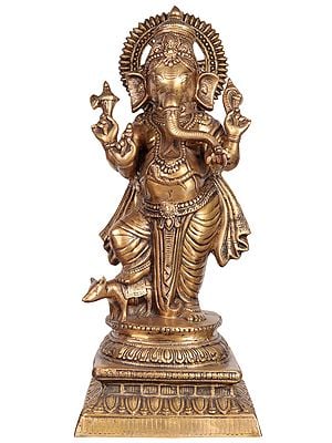 25" Standing Ganesha, With A Foot Atop The Mouse In Brass | Handmade | Made In India