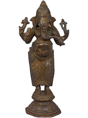 10" Dhoti-clad Ekdanta Ganesha, Standing In Brass | Handmade | Made In India