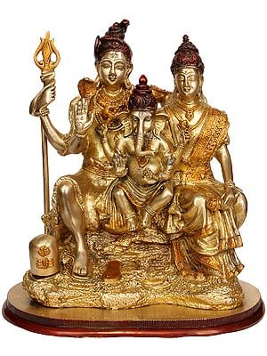 13" Shiva-Parvati, Seated With Ganesha Between Them In Brass | Handmade | Made In India