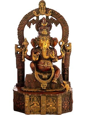 19" Ganesha Seated Afore An Elaborate Aureole, Lakshmi Engraved On The Pedestal In Brass | Handmade | Made In India