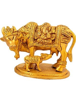 3" Mother Cow Suckles Her Calf, Lakshmi-Ganesha Carved on Either Side of Her Robe | Handmade Brass Idol