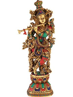 30" Inlay Murli Krishna In Brass | Handmade | Made In India