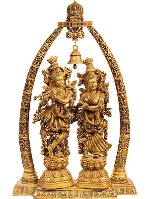 45" Large Size Embellished Radha Krishna with the Temple Aureole Showing Krishna Leela Episodes In Brass | Handmade | Made In India