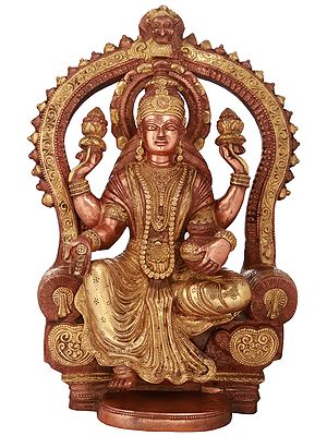 17" Goddess Lakshmi Seated on Throne with the Pot of Wealth In Brass | Handmade | Made In India