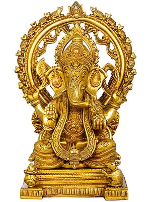 13" Throne Ganesha with Marching Rats Aureole In Brass | Handmade | Made In India