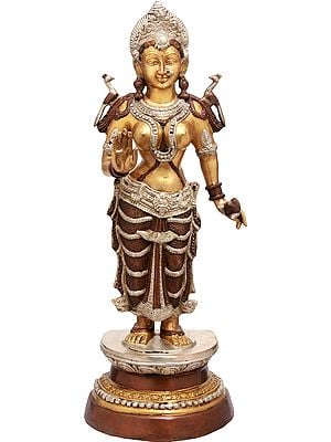 31" Large Size Goddess Lakshmi Granting Abhaya In Brass | Handmade | Made In India