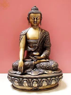 16" Lord Buddha in Bhumisparsha Mudra with Pindapatra (Robes Decorated with Chinese Auspicious Symbols, Dragons, Deer and Garuda) In Brass | Handmade | Made In India