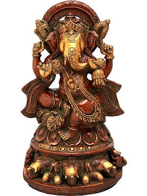12" Lord Ganesha Seated on Three Elephant Heads In Brass | Handmade | Made In India