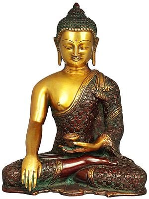 10" Brass Bhumisparsha Buddha Statue in Intrinsic Carved Robe | Handmade | Made in India