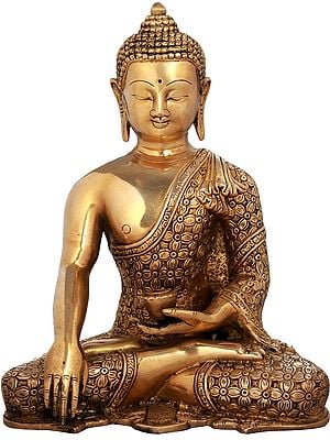 10" Bhumisparsha Buddha in Intrinsic Carved Robe in Brass | Handmade | Made In India