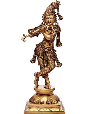23" Haloed Krishna, The Tribhanga Murari, Plays On The Flute In Brass | Handmade | Made In India