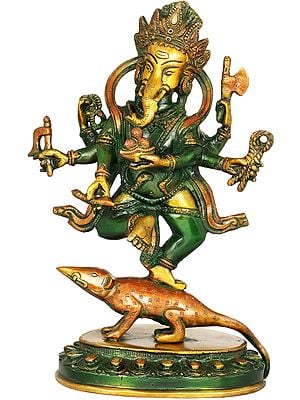 11" Six Armed Ganesha Dancing on His Vehicle In Brass | Handmade | Made In India