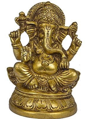 3" Four-Armed Ganesha Seated in Easy Posture on Lotus In Brass | Handmade | Made In India