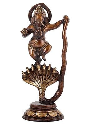 12" Lord Ganesha Dancing on Sheshnag In Brass | Handmade | Made In India