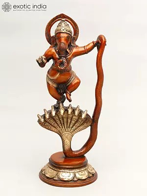 12" Lord Ganesha Dancing on Sheshnag In Brass | Handmade | Made In India