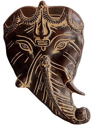 5" Ganesha Countenance Carved from Pipal Leaf Wall-hanging In Brass | Handmade | Made In India