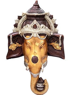 25" Crowned Ganesha Face-Mask Wall-Hanging In Brass | Handmade | Made In India